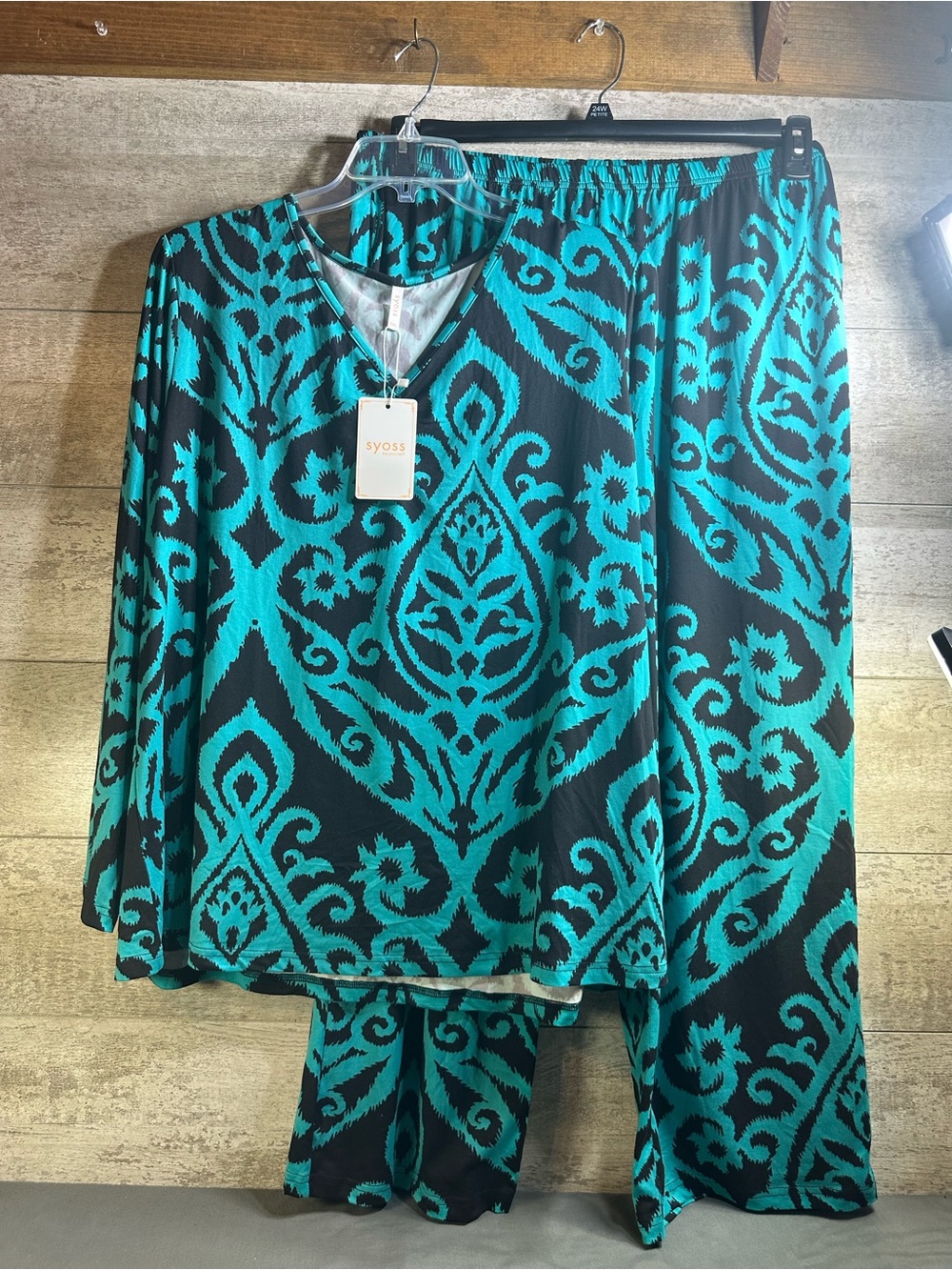 Syoss 2pc Loungewear Pajama Set Teal Black Damask Ikat Retro Print NWT 3XL